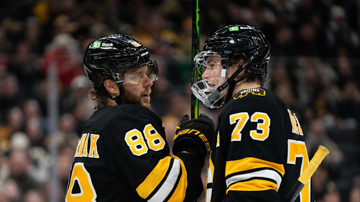 Jan 13, 2026; Boston, Massachusetts, USA; Boston Bruins right-winger David Pastrnak (88) and defenseman Charlie McAvoy (73) talk during a stop in play during the second period of the game against the Detroit Red Wings at TD Garden. Mandatory Credit: Natalie Reid-Imagn Images