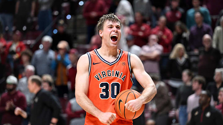 Feb 10, 2026; Tallahassee, Florida, USA; Virginia Cavaliers guard Dallin Hall (30) reacts after winning the game against the Florida State Seminoles at Donald L. Tucker Center. Mandatory Credit: Melina Myers-Imagn Images Feb 10, 2026; Tallahassee, Florida, USA; Virginia Cavaliers guard Dallin Hall (30) reacts after winning the game against the Florida State Seminoles at Donald L. Tucker Center. Mandatory Credit: Melina Myers-Imagn Images