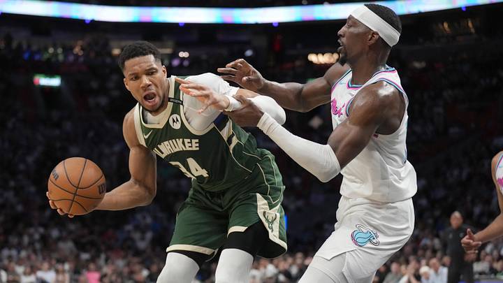 Apr 5, 2025; Miami, Florida, USA; Milwaukee Bucks forward Giannis Antetokounmpo (34) looks for space as Miami Heat center Bam Adebayo (13) defends during the second half at Kaseya Center. Mandatory Credit: Jim Rassol-Imagn Images Apr 5, 2025; Miami, Florida, USA; Milwaukee Bucks forward Giannis Antetokounmpo (34) looks for space as Miami Heat center Bam Adebayo (13) defends during the second half at Kaseya Center. Mandatory Credit: Jim Rassol-Imagn Images