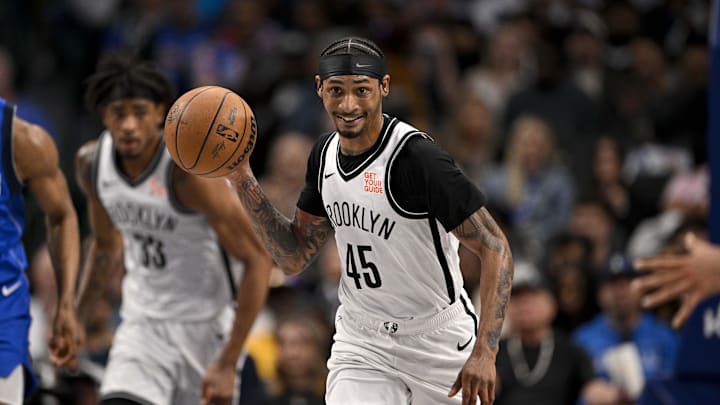 Mar 31, 2025; Dallas, Texas, USA; Brooklyn Nets guard Keon Johnson (45) passes the ball during the second half against the Dallas Mavericks at the American Airlines Center. Mandatory Credit: Jerome Miron-Imagn Images