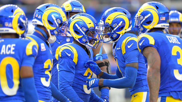 Sep 28, 2025; Inglewood, California, USA; Los Angeles Rams safety Kam Curl (3) is congratulated after an interception in the fourth quarter against the Indianapolis Colts at SoFi Stadium. Mandatory Credit: Jayne Kamin-Oncea-Imagn Images