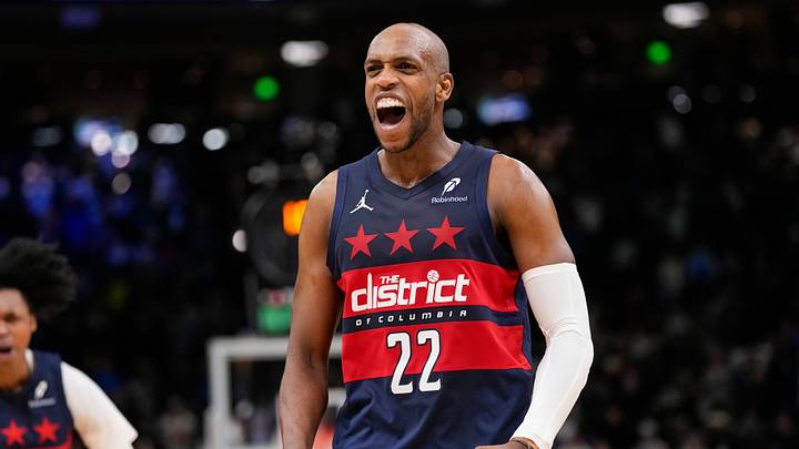 Dec 31, 2025; Milwaukee, Wisconsin, USA; Washington Wizards forward Khris Middleton (22) celebrates after Washington Wizards guard CJ McCollum (3) (not pictured) scored a basket during the fourth quarter against the Milwaukee Bucks at Fiserv Forum. Mandatory Credit: Jeff Hanisch-Imagn Images Dec 31, 2025; Milwaukee, Wisconsin, USA; Washington Wizards forward Khris Middleton (22) celebrates after Washington Wizards guard CJ McCollum (3) (not pictured) scored a basket during the fourth quarter against the Milwaukee Bucks at Fiserv Forum. Mandatory Credit: Jeff Hanisch-Imagn Images