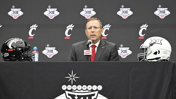 Jul 9, 2024; Las Vegas, NV, USA; Cincinnati Bearcats head coach Scott Satterfield speaks to the media during the Big 12 Media Days at Allegiant Stadium. Mandatory Credit: Candice Ward-Imagn Images