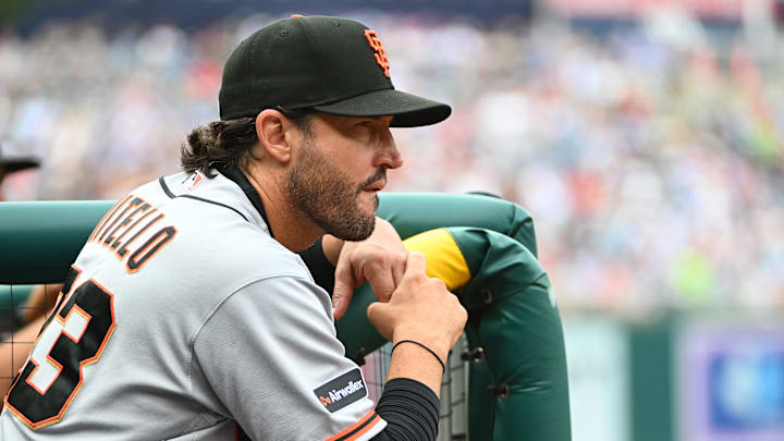 Apr 18, 2026; Washington, District of Columbia, USA; San Francisco Giants manager Tony Vitello (23) looks on against the Washington Nationals during the first inning at Nationals Park. Mandatory Credit: Brad Mills-Imagn Images
