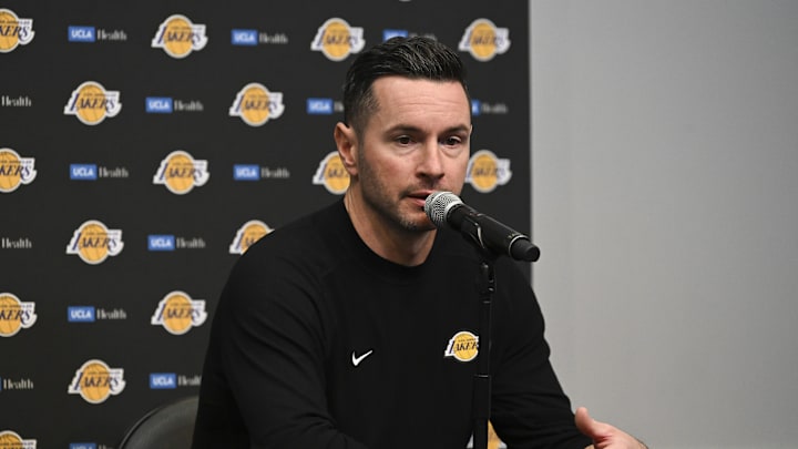 Oct 15, 2024; Las Vegas, Nevada, USA; Los Angeles Lakers head coach JJ Redick speaks to the media after the preseason game against the Golden State Warriors at T-Mobile Arena. Mandatory Credit: Candice Ward-Imagn Images
