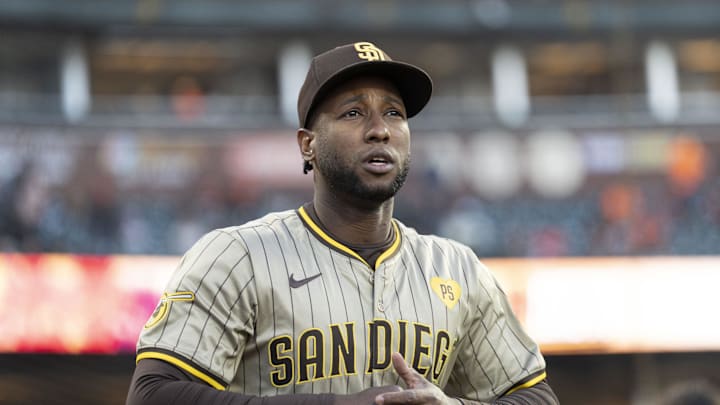 Sep 13, 2024; San Francisco, California, USA;  San Diego Padres outfielder Jurickson Profar (10) before the start of  the first inning against the San Francisco Giants at Oracle Park. Mandatory Credit: Stan Szeto-Imagn Images