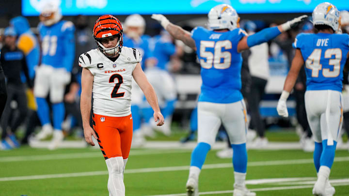 Cincinnati Bengals place kicker Evan McPherson (2) reacts after missing a second go-ahead field goal attempt in the fourth quarter of the NFL Week 11 game between the Los Angeles Chargers and the Cincinnati Bengals at SoFi Stadium in Inglewood, Calif., on Sunday, Nov. 17, 2024. The Chargers won 34-27.