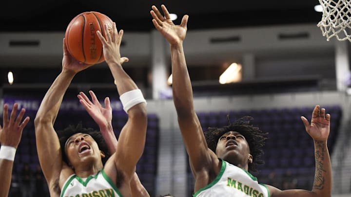Dallas Madison's Aiden Durr grabs a rebound against Brownfield in a Class 3A Division I state semifinal boys basketball game Tuesday, March 10, 2026, at Moody Coliseum in Abilene.