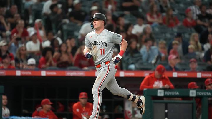 Sep 17, 2026; Anaheim, California, USA; Minnesota Twins center fielder Walker Jenkins (11) runs the bases after hitting a two-run home run in the ninth inning against the Los Angeles Angels at Angel Stadium. Mandatory Credit: Kirby Lee-Imagn Images Sep 17, 2026; Anaheim, California, USA; Minnesota Twins center fielder Walker Jenkins (11) runs the bases after hitting a two-run home run in the ninth inning against the Los Angeles Angels at Angel Stadium. Mandatory Credit: Kirby Lee-Imagn Images