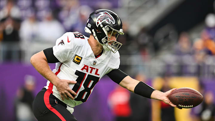 Dec 8, 2024; Minneapolis, Minnesota, USA; Atlanta Falcons quarterback Kirk Cousins (18) warms up before the game against the Minnesota Vikings at U.S. Bank Stadium. Mandatory Credit: Jeffrey Becker-Imagn Images