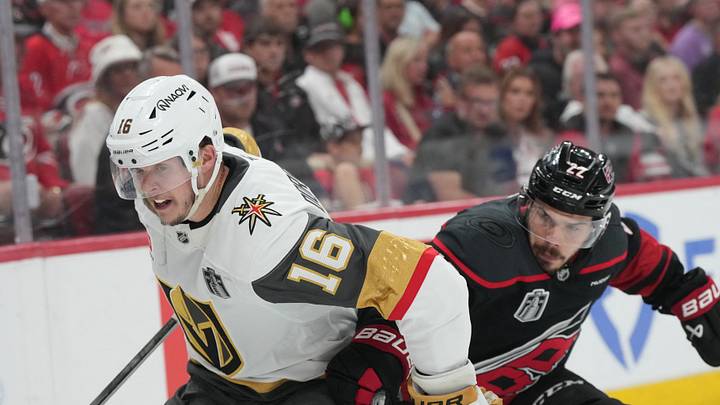Jun 4, 2026; Raleigh, North Carolina, USA; Vegas Golden Knights right wing Pavel Dorofeyev (16) battles for the puck against Carolina Hurricanes center Logan Stankoven (22) during the second period in game two of the 2026 Stanley Cup Final at Lenovo Center. Mandatory Credit: James Guillory-Imagn Images Jun 4, 2026; Raleigh, North Carolina, USA; Vegas Golden Knights right wing Pavel Dorofeyev (16) battles for the puck against Carolina Hurricanes center Logan Stankoven (22) during the second period in game two of the 2026 Stanley Cup Final at Lenovo Center. Mandatory Credit: James Guillory-Imagn Images