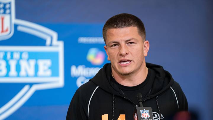 Feb 27, 2026; Indianapolis, IN, USA; Vanderbilt quarterback Diego Pavia (QB14) speaks to members of the media during the NFL Combine at the Indiana Convention Center. Mandatory Credit: Jacob Musselman-Imagn Images