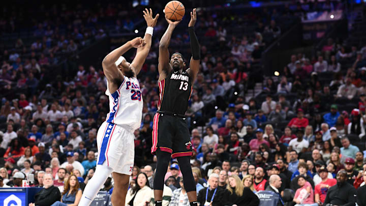 Mar 29, 2025; Philadelphia, Pennsylvania, USA; Miami Heat center Bam Adebayo (13) shoots the ball against the Philadelphia 76ers in the second quarter at Wells Fargo Center. Mandatory Credit: Kyle Ross-Imagn Images