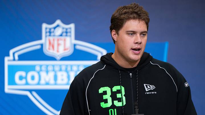 Feb 28, 2026; Indianapolis, IN, USA; Utah offensive lineman Caleb Lomu (OL33) speaks to members of the media during the NFL Combine at the Indiana Convention Center. Mandatory Credit: Jacob Musselman-Imagn Images
