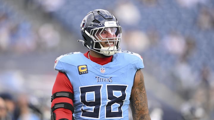 Dec 28, 2025; East Rutherford, New Jersey, USA; Tennessee Titans defensive tackle Jeffery Simmons (98) warms up prior to the game against the New Orleans Saints at MetLife Stadium. Mandatory Credit: Steve Roberts-Imagn Images