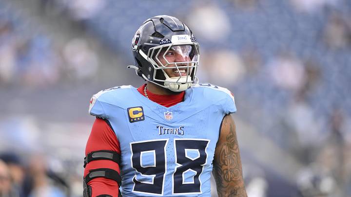 Dec 28, 2025; East Rutherford, New Jersey, USA; Tennessee Titans defensive tackle Jeffery Simmons (98) warms up prior to the game against the New Orleans Saints at MetLife Stadium. Mandatory Credit: Steve Roberts-Imagn Images Dec 28, 2025; East Rutherford, New Jersey, USA; Tennessee Titans defensive tackle Jeffery Simmons (98) warms up prior to the game against the New Orleans Saints at MetLife Stadium. Mandatory Credit: Steve Roberts-Imagn Images
