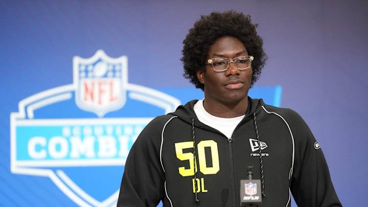 Feb 25, 2026; Indianapolis, IN, USA;  Southern California defensive lineman Anthony Lucas (DL50) speaks during the NFL Scouting Combine at the Indiana Convention Center. Mandatory Credit: Kirby Lee-Imagn Images