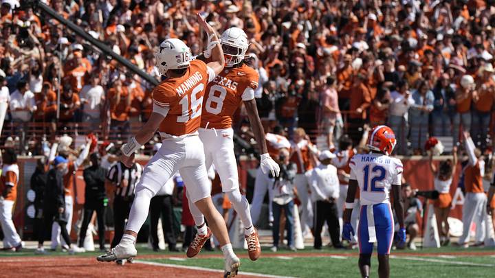 Texas WR Cam Coleman and QB Arch Manning celebrate after a touchdown against the Florida Gators. Mandatory Credit: Scott Wachter-Imagn Images Texas WR Cam Coleman and QB Arch Manning celebrate after a touchdown against the Florida Gators. Mandatory Credit: Scott Wachter-Imagn Images