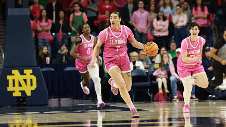 Cal's Marta Suarez brings the ball up the floor trailed by teammate Ioanna Krimili