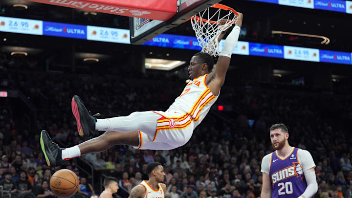 Mar 21, 2024; Phoenix, Arizona, USA; Atlanta Hawks forward Onyeka Okongwu (17) dunks against the Phoenix Suns during the second half at Footprint Center. Mandatory Credit: Joe Camporeale-Imagn Images Mar 21, 2024; Phoenix, Arizona, USA; Atlanta Hawks forward Onyeka Okongwu (17) dunks against the Phoenix Suns during the second half at Footprint Center. Mandatory Credit: Joe Camporeale-Imagn Images