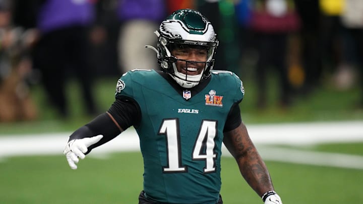 Feb 9, 2025; New Orleans, LA, USA; Philadelphia Eagles running back Kenneth Gainwell (14) practices before Super Bowl LIX against the Kansas City Chiefs at Caesars Superdome. Mandatory Credit: Kirby Lee-Imagn Images