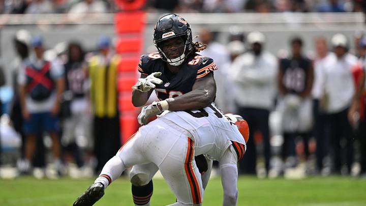 Aug 15, 2026; Chicago, Illinois, USA; Chicago Bears defensive end Jamree Kromah (59) sacks Cleveland Browns quarterback Dillon Gabriel (6) during the second half at Soldier Field. Mandatory Credit: Patrick Gorski-Imagn Images Aug 15, 2026; Chicago, Illinois, USA; Chicago Bears defensive end Jamree Kromah (59) sacks Cleveland Browns quarterback Dillon Gabriel (6) during the second half at Soldier Field. Mandatory Credit: Patrick Gorski-Imagn Images