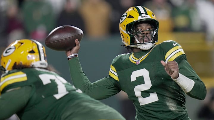 Green Bay Packers quarterback Malik Willis (2) throws during the third quarter of their game against the Baltimore Ravens Saturday, December 27, 2025 at Lambeau Field in Green Bay, Wisconsin.