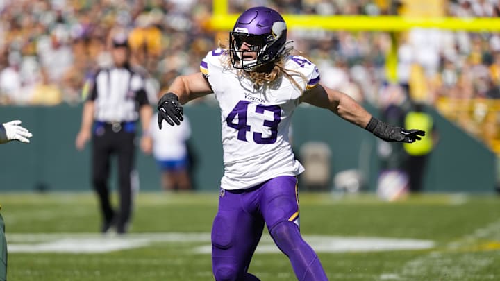 Sep 29, 2024; Green Bay, Wisconsin, USA;  Minnesota Vikings outside linebacker Andrew Van Ginkel (43) during the game against the Green Bay Packers at Lambeau Field.