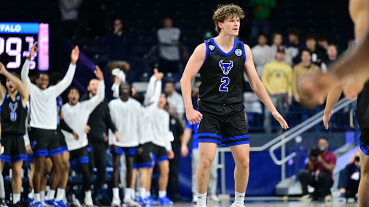 Nov 11, 2024; South Bend, Indiana, USA; Buffalo Bulls guard Ryan Sabol (2) reacts after a three-point basket in the first half against the Notre Dame Fighting Irish at the Purcell Pavilion. Mandatory Credit: Matt Cashore-Imagn Images