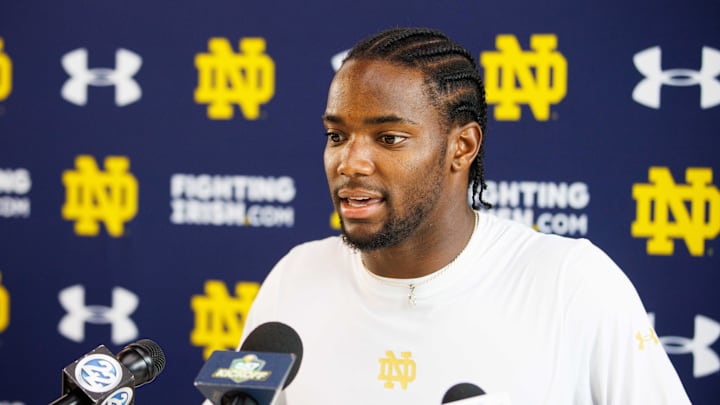 Notre Dame corner back Benjamin Morrison addresses media after a Notre Dame football practice at Irish Athletic Center