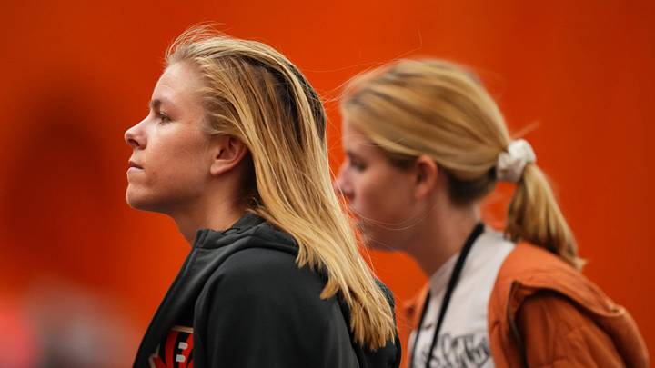 Cincinnati Bengals Director of Strategy & Engagement Elizabeth Blackburn, and Senior Manager of Digital Strategy Caroline Blackburn, right, walk off the field at the conclusion of the team s rookie mini camp, Friday, May 12, 2023, inside the team s indoor practice bubble in Cincinnati. Cincinnati Bengals Director of Strategy & Engagement Elizabeth Blackburn, and Senior Manager of Digital Strategy Caroline Blackburn, right, walk off the field at the conclusion of the team s rookie mini camp, Friday, May 12, 2023, inside the team s indoor practice bubble in Cincinnati.