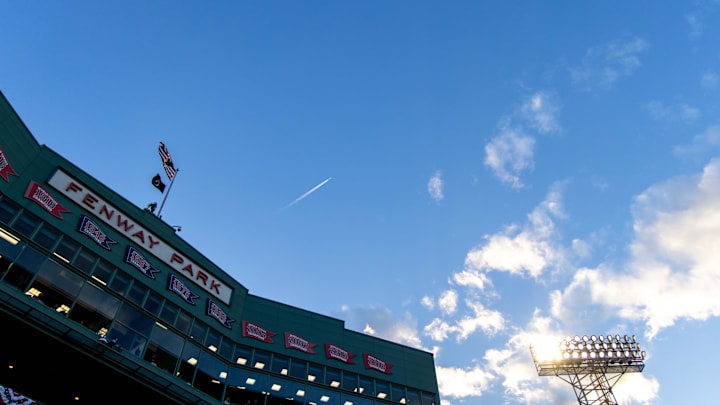 Apr 16, 2024; Boston, Massachusetts, USA; A general view of the Fenway Park facade during a game between the Cleveland Guardians and the Boston Red Sox at Fenway Park. Mandatory Credit: Paul Rutherford-Imagn Images