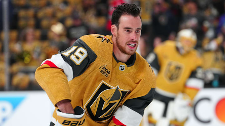 Vegas Golden Knights right wing Reilly Smith warms up before a game against the Edmonton Oilers.