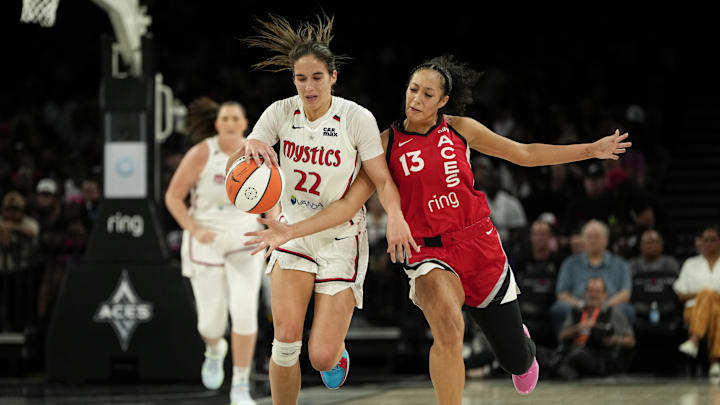 Jun 26, 2025; Las Vegas, Nevada, USA; Washington Mystics guard Sonia Citron (22) dribbles the ball against Las Vegas Aces guard Aaliyah Nye (13) during the second half of a WNBA basketball game at Michelob Ultra Arena. Jun 26, 2025; Las Vegas, Nevada, USA; Washington Mystics guard Sonia Citron (22) dribbles the ball against Las Vegas Aces guard Aaliyah Nye (13) during the second half of a WNBA basketball game at Michelob Ultra Arena.