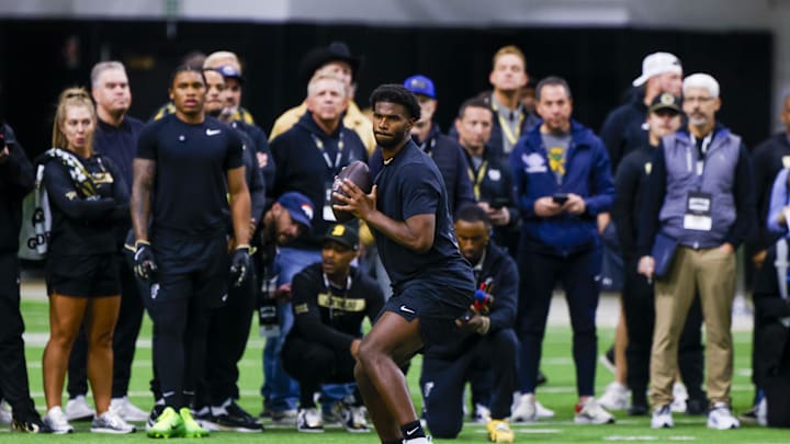 Apr 4, 2025; Boulder, CO, USA; Colorado Buffaloes quarterback Shedeur Sanders (2) looks to make a pass at the University of Colorado NFL Showcase at the CU Indoor Practice Facility. Mandatory Credit: Michael Ciaglo-Imagn Images Apr 4, 2025; Boulder, CO, USA; Colorado Buffaloes quarterback Shedeur Sanders (2) looks to make a pass at the University of Colorado NFL Showcase at the CU Indoor Practice Facility. Mandatory Credit: Michael Ciaglo-Imagn Images