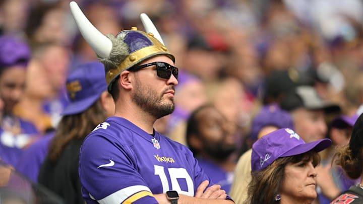 Sep 10, 2023; Minneapolis, Minnesota, USA; Minnesota Vikings fan reacts during the third quarter