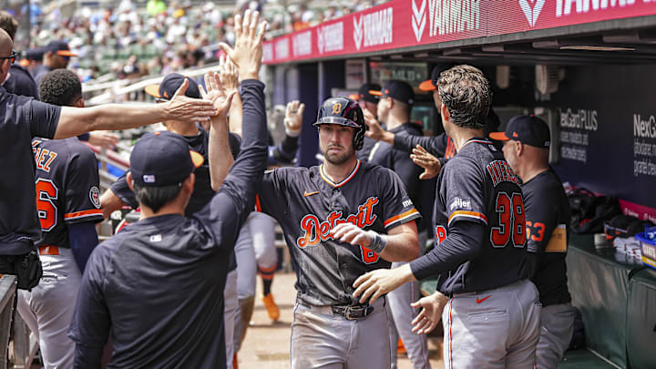 Detroit Tigers center fielder Matt Vierling (8) reacts in the dugout after scoring a run. 