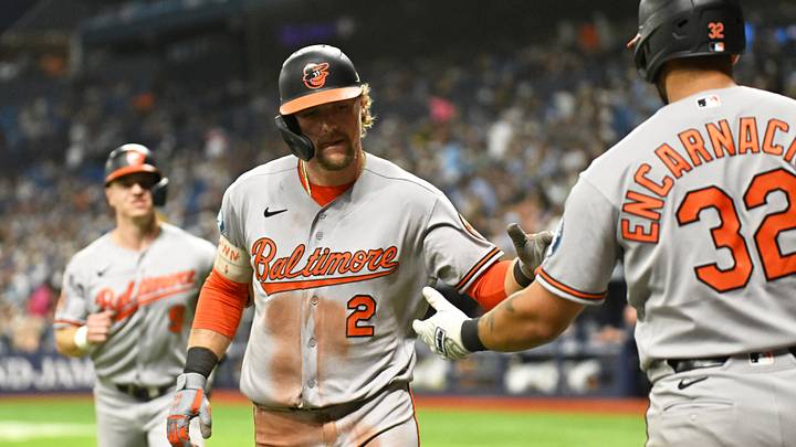 Aug 14, 2026; St. Petersburg, Florida, USA; Baltimore Orioles shortstop Gunner Henderson (2) celebrates with third baseman Christian Encarncion-Strand (32)after hitting a two run home run in the eighth inning against the Tampa Bay Rays at Tropicana Field. Mandatory Credit: Jonathan Dyer-Imagn Images Aug 14, 2026; St. Petersburg, Florida, USA; Baltimore Orioles shortstop Gunner Henderson (2) celebrates with third baseman Christian Encarncion-Strand (32)after hitting a two run home run in the eighth inning against the Tampa Bay Rays at Tropicana Field. Mandatory Credit: Jonathan Dyer-Imagn Images