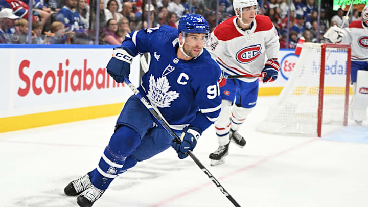 Oct 2, 2023; Toronto, Ontario, CAN;   Toronto Maple Leafs forward John Tavares (91) pursues the play