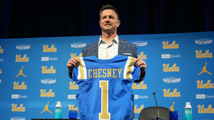 Dec 9, 2025; Los Angeles, CA, USA; UCLA Bruins football coach Bob Chesney poses at introductory press conference at Renee Luskin Conference Center Centennial Ballroom. Mandatory Credit: Kirby Lee-Imagn Images
