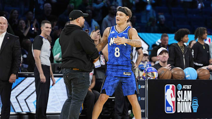 Feb 15, 2025; San Francisco, CA, USA; Osceola Magic guard Mac McClung reacts in the slam dunk competition during All Star Saturday Night ahead of the 2025 NBA All Star Game at Chase Center. Mandatory Credit: Kyle Terada-Imagn Images