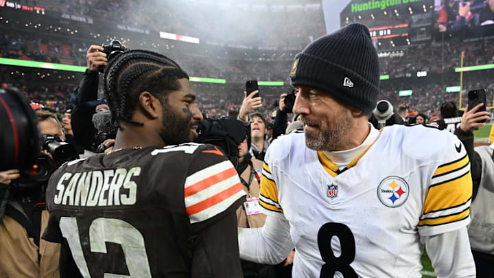 Dec 28, 2025; Cleveland, Ohio, USA; Pittsburgh Steelers quarterback Aaron Rodgers (8) and Cleveland Browns quarterback Shedeur Sanders (12) hug after the game at Huntington Bank Field. Mandatory Credit: Ken Blaze-Imagn Images Dec 28, 2025; Cleveland, Ohio, USA; Pittsburgh Steelers quarterback Aaron Rodgers (8) and Cleveland Browns quarterback Shedeur Sanders (12) hug after the game at Huntington Bank Field. Mandatory Credit: Ken Blaze-Imagn Images