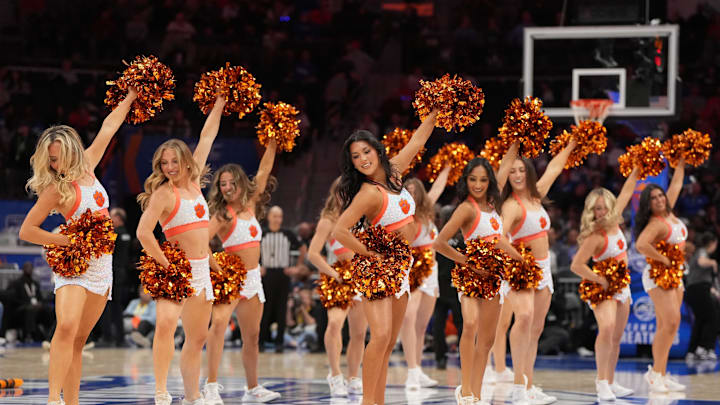 Mar 13, 2026; Charlotte, NC, USA; Clemson Tigers cheeleaders perform in the second half at Spectrum Center. Mandatory Credit: Bob Donnan-Imagn Images Mar 13, 2026; Charlotte, NC, USA; Clemson Tigers cheeleaders perform in the second half at Spectrum Center. Mandatory Credit: Bob Donnan-Imagn Images