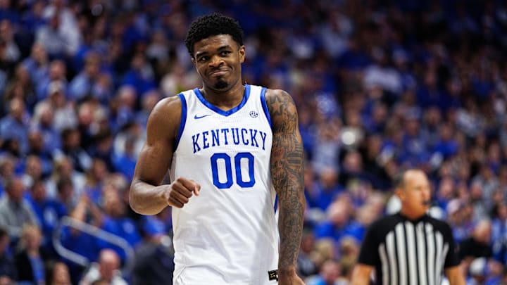 Oct 24, 2025; Lexington, KY, USA; Kentucky Wildcats guard Otega Oweh (00) celebrates during the second half against the Purdue Boilermakers at Rupp Arena at Central Bank Center. Mandatory Credit: Jordan Prather-Imagn Images