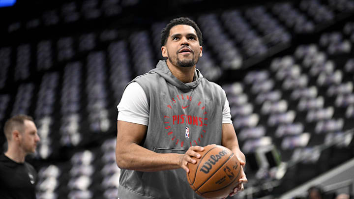 Mar 21, 2025; Dallas, Texas, USA; Detroit Pistons forward Tobias Harris (12) warms up before the game between the Dallas Mavericks and the Detroit Pistons at the American Airlines Center. Mandatory Credit: Jerome Miron-Imagn Images