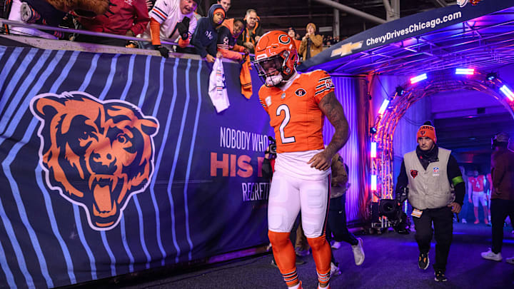 Nov 9, 2023; Chicago, Illinois, USA; Chicago Bears wide receiver D.J. Moore (2) enters the field before a game against the Carolina Panthers at Soldier Field. 