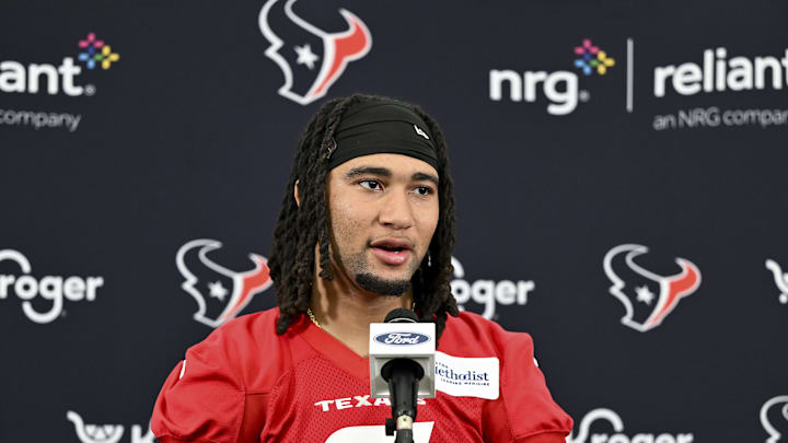 Jun 10, 2025; Houston, TX, USA; Houston Texans quarterback C.J. Stroud speaks at a press conference after an NFL football minicamp at NRG Stadium. Mandatory Credit: Maria Lysaker-Imagn Images 
