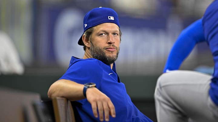 Apr 20, 2025; Arlington, Texas, USA; Los Angeles Dodgers pitcher Clayton Kershaw looks during the game between the Texas Rangers and the Los Angeles Dodgers at Globe Life Field. Mandatory Credit: Jerome Miron-Imagn Images