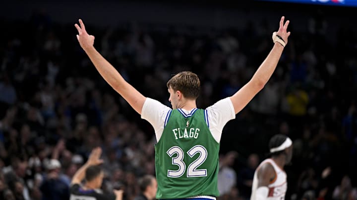 Nov 12, 2025; Dallas, Texas, USA; Dallas Mavericks forward Cooper Flagg (32) celebrates a three point basket by guard Max Christie (not pictured) against the Phoenix Suns during the second half at the American Airlines Center. Mandatory Credit: Jerome Miron-Imagn Images