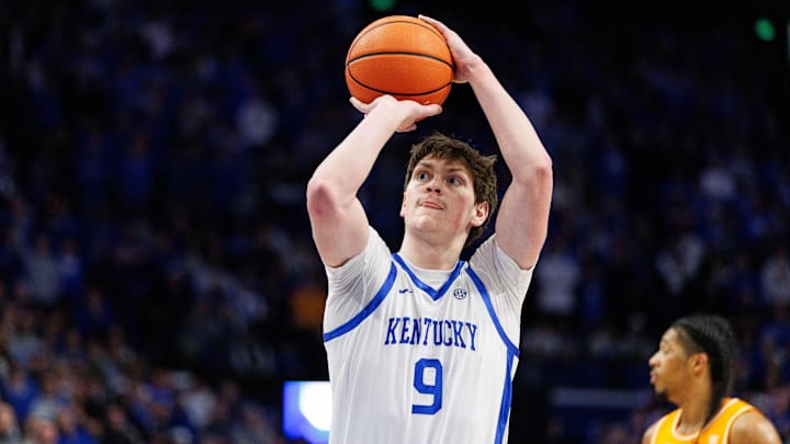 Feb 11, 2025; Lexington, Kentucky, USA; Kentucky Wildcats forward Trent Noah (9) shoots a free throw during the second half against the Tennessee Volunteers at Rupp Arena at Central Bank Center. Mandatory Credit: Jordan Prather-Imagn Images